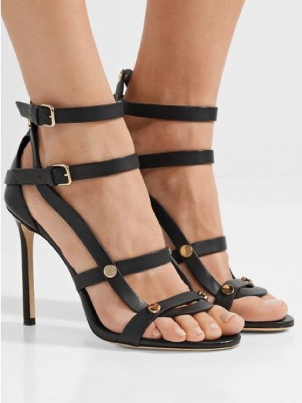 Jimmy Choo Motoko 100 Black Gold Leather Strappy Heels EU 40